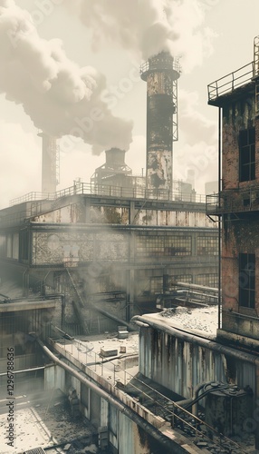 Photorealistic capture of an industrial plant with chimney smoke against a white sky photo