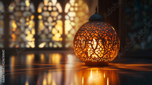 Ornate Islamic Lantern Glowing in Warm Light photo