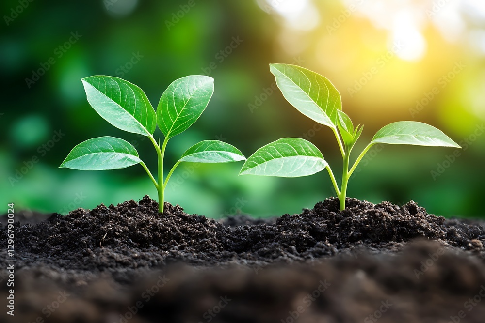 Young plants sprout in soil, sunny day Young plants sprout in soil, sunny day