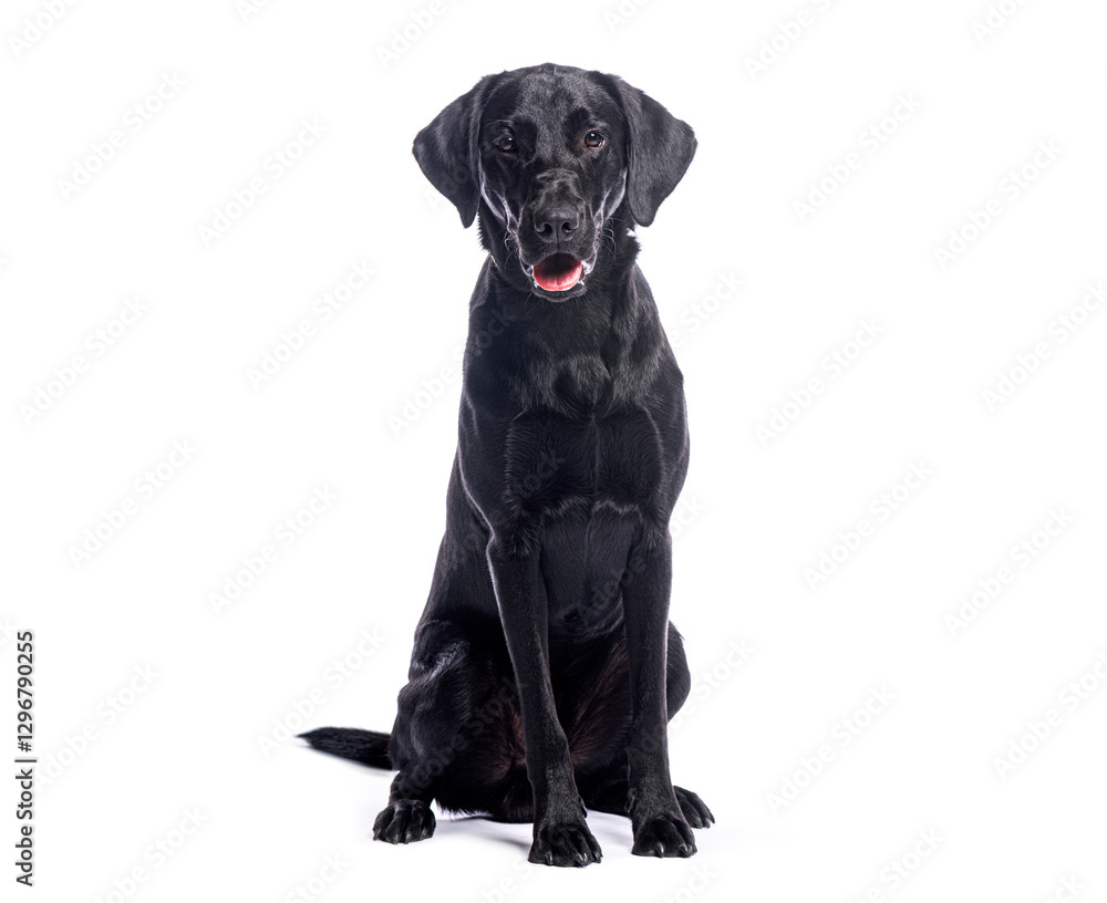 Black labrador retriever sitting and panting on white background Black labrador retriever sitting and panting on white background