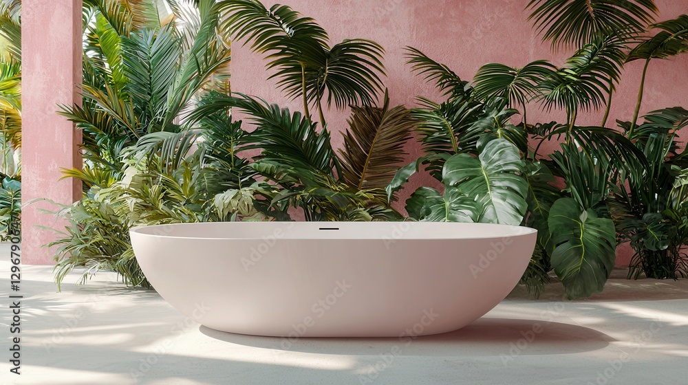 Obraz premium Pink bathtub, tropical plants, interior scene