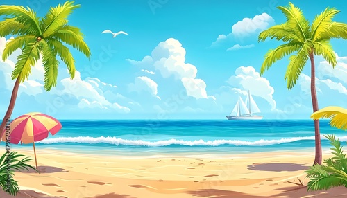 Tropical beach scene, sailboat at sea