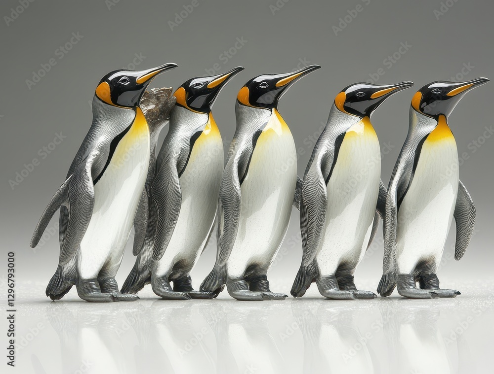 Fototapeta premium Five Colorful Penguin Figurines in a Row, Displaying Unique Features and Vibrant Colors Against a Neutral Background