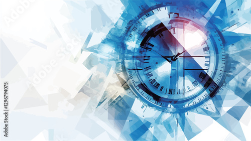The image is an abstract digital illustration featuring a fragmented clock face in shades of blue and white. The clock is partially obscured and overlapped by geometric shapes and shards, creating