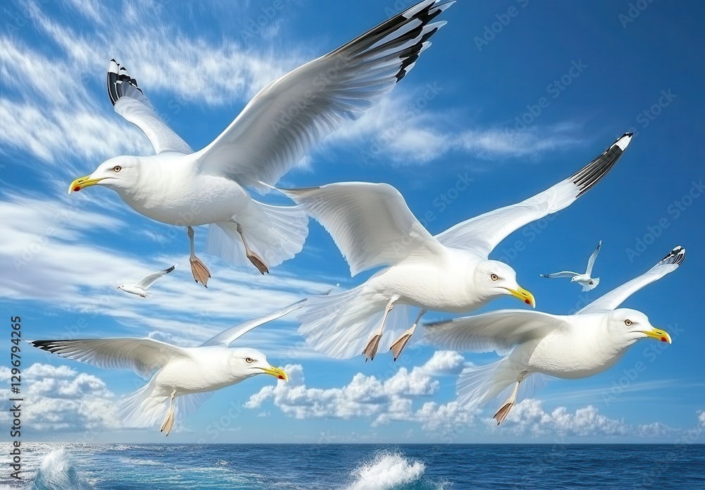 Flock of Seagulls Gliding Gracefully Over a Sparkling Ocean with Dramatic Blue Sky and Fluffy White Clouds in a Serene Coastal Landscape Flock of Seagulls Gliding Gracefully Over a Sparkling Ocean with Dramatic Blue Sky and Fluffy White Clouds in a Serene Coastal Landscape