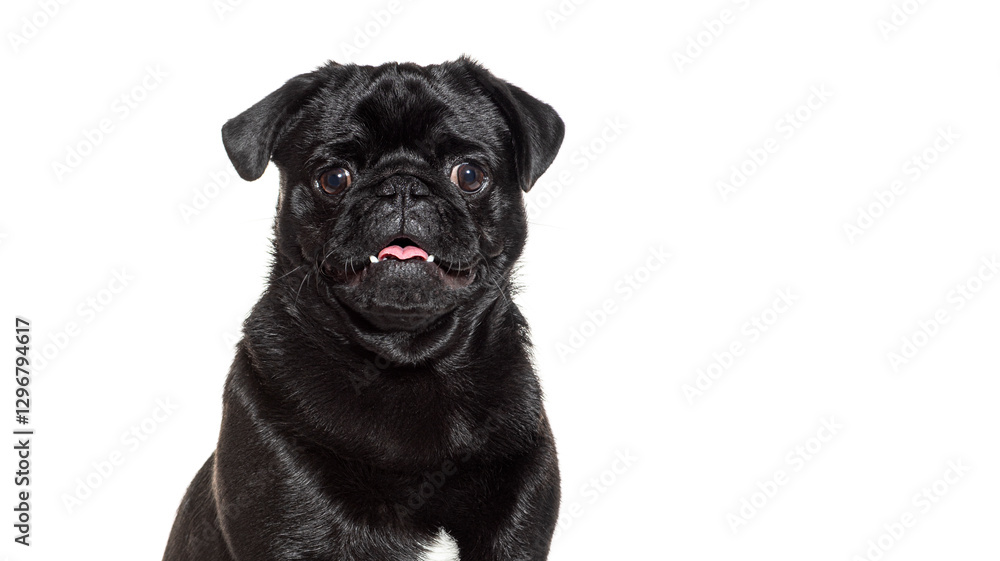 Black pug panting and looking at camera on white background Black pug panting and looking at camera on white background