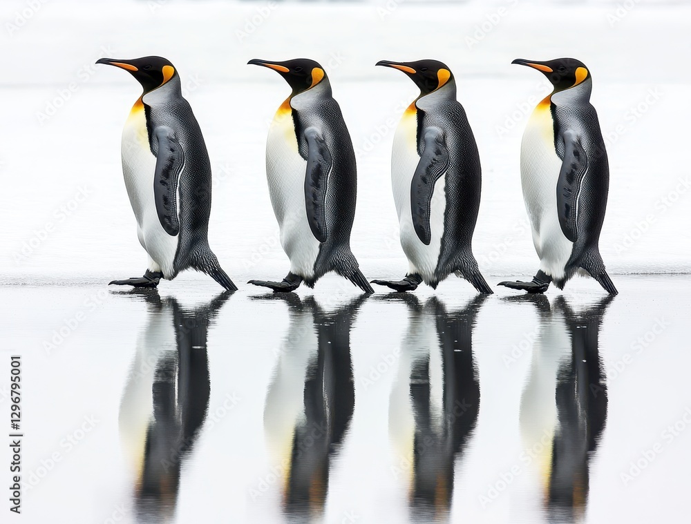 Fototapeta premium Four Elegant Penguins Walking Together on Icy Surface with Reflections in a Serene Antarctic Landscape