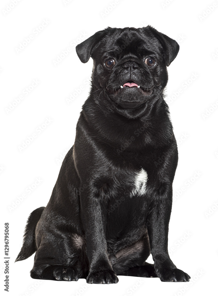Black pug sitting and panting on white background Black pug sitting and panting on white background