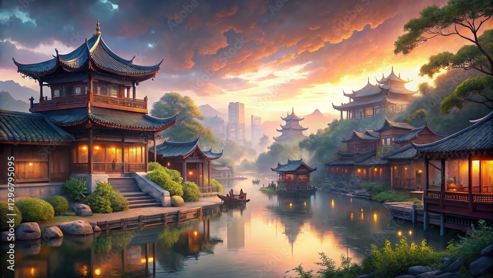 Obraz premium Serene Cityscape: Peaceful Chinese Calligraphy Landscape Painting