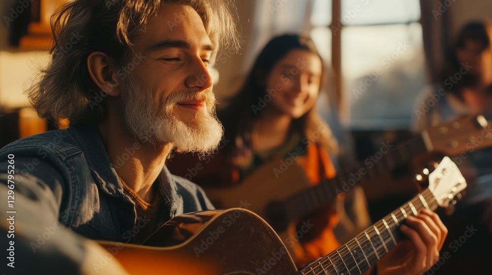 Fototapeta premium Young man playing guitar with friends in a cozy room during sunset, creating a joyful atmosphere