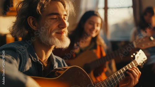 Young man playing guitar with friends in a cozy room during sunset, creating a joyful atmosphere
