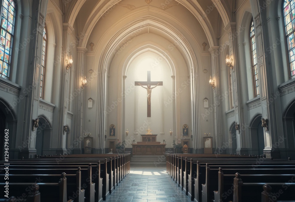 Fototapeta premium Modern Church Interior Photography Wooden Pews Stained Glass Windows - High Vaulted Ceiling Natural Light Easter Celebrations Spiritual Reflection