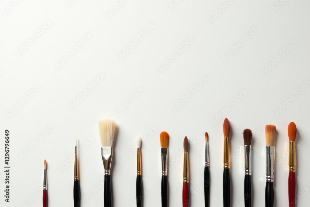A Row of Diverse Paintbrushes on a Plain White Surface, Ready for Artistic Creation and Expression A Row of Diverse Paintbrushes on a Plain White Surface, Ready for Artistic Creation and Expression