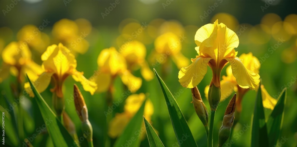 Fototapeta premium Details of yellow iris flowers on the moor with texture and shadow, wildflowers, shadows, moors
