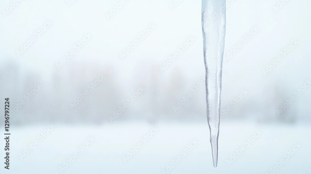 Icicle hangs gracefully in snowy landscape, creating tranquil wi Icicle hangs gracefully in snowy landscape, creating tranquil wi