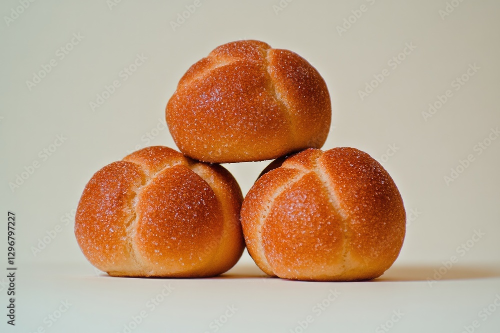 Three freshly baked rolls arranged in triangle, showcasing golde Three freshly baked rolls arranged in triangle, showcasing golde