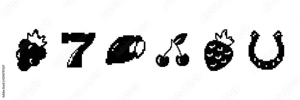 Fototapeta premium Black slot machine symbols include fruits like cherries plus good luck items in unique shapes.