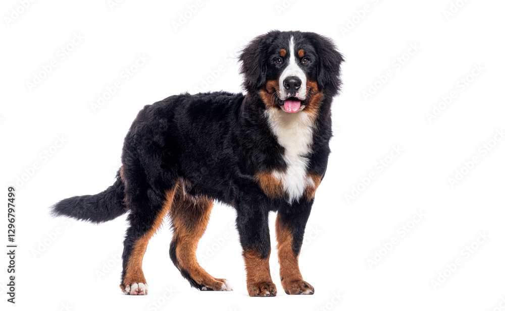 Happy Bernese mountain dog standing on a white background and looking at the camera panting with its tongue out Happy Bernese mountain dog standing on a white background and looking at the camera panting with its tongue out