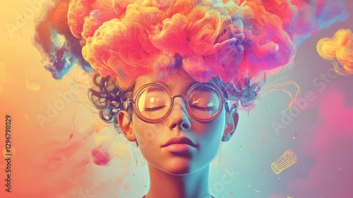 Young person with colorful cloud-like hair, eyes closed, surrounded by vibrant abstract background