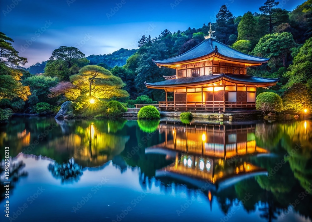 Serene Japanese Zen Temple Lake Reflection Night Photography Serene Japanese Zen Temple Lake Reflection Night Photography