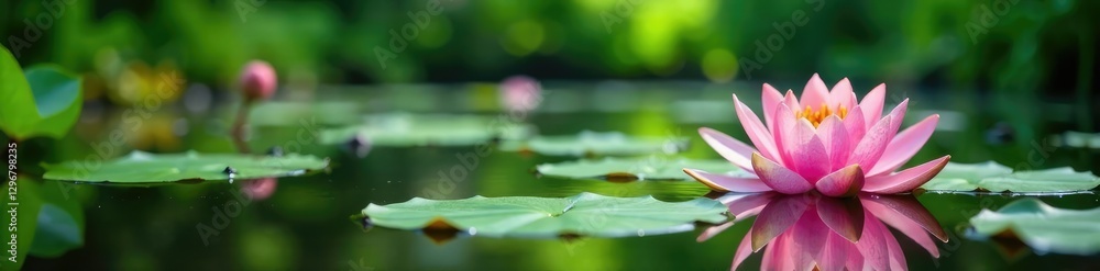 Pink water lilies on a pond with lush green plants and a serene atmosphere, garden, pond Pink water lilies on a pond with lush green plants and a serene atmosphere, garden, pond