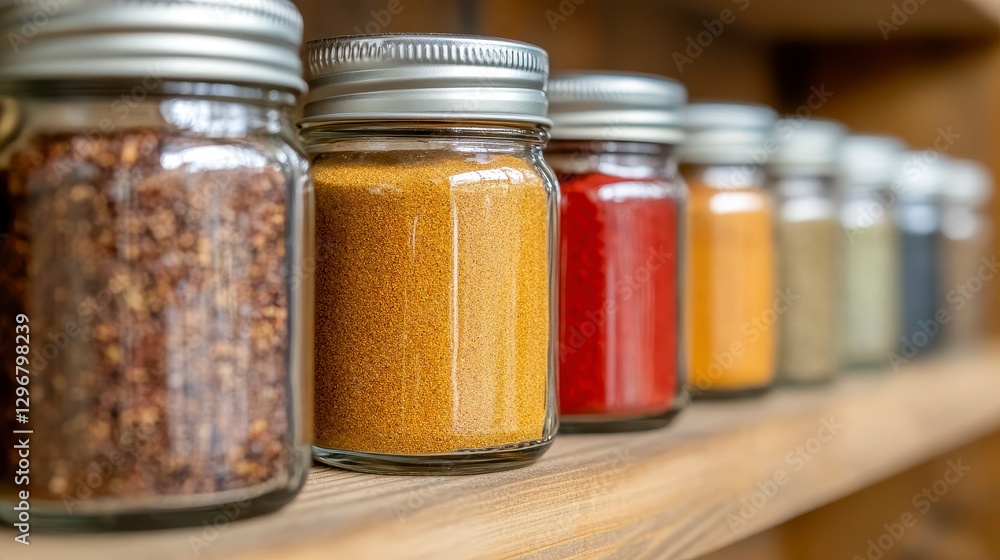 Variety of Colorful Spices in Glass Jars on Wooden Shelf Display Variety of Colorful Spices in Glass Jars on Wooden Shelf Display