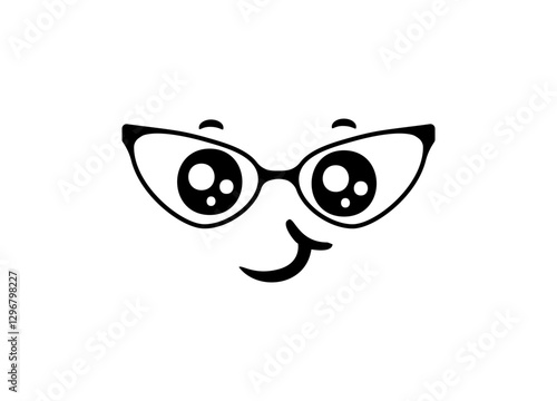 A playful cartoon face with glasses smiles warmly on a white background, drawn with simple lines.