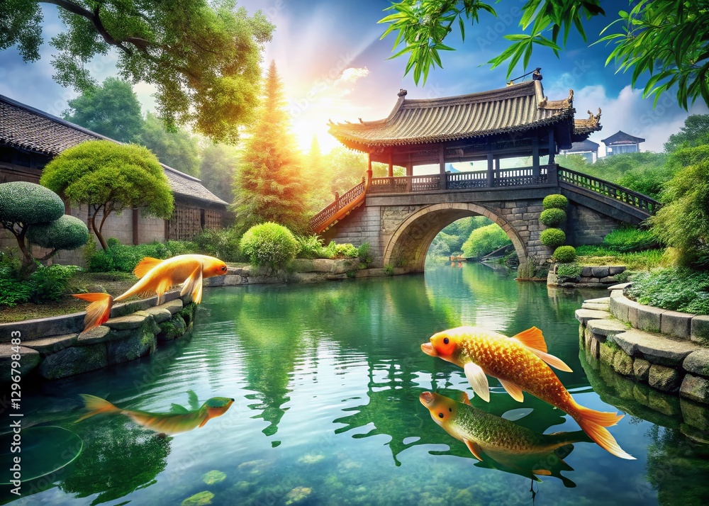 Obraz premium Serene Koi Pond: Traditional Chinese Garden Aquatic Life Photography