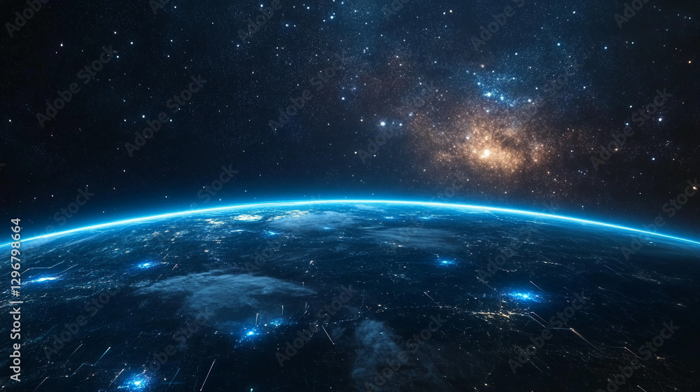 A view of Earth from space, with glowing digital lines across the planetâ€™s surface, surrounded by stars and a distant galaxy, symbolizing global connectivity and technology.