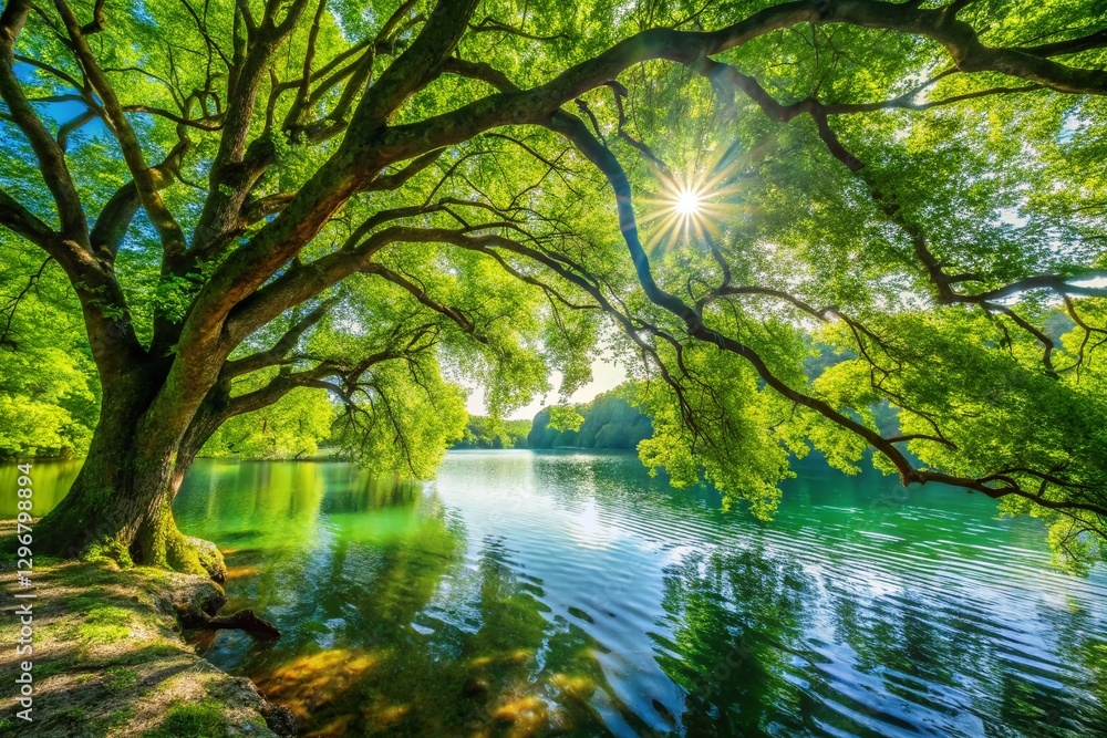 Fototapeta premium Serene Lakeside Vista: Tranquil Tree Overhanging Crystal Clear Water