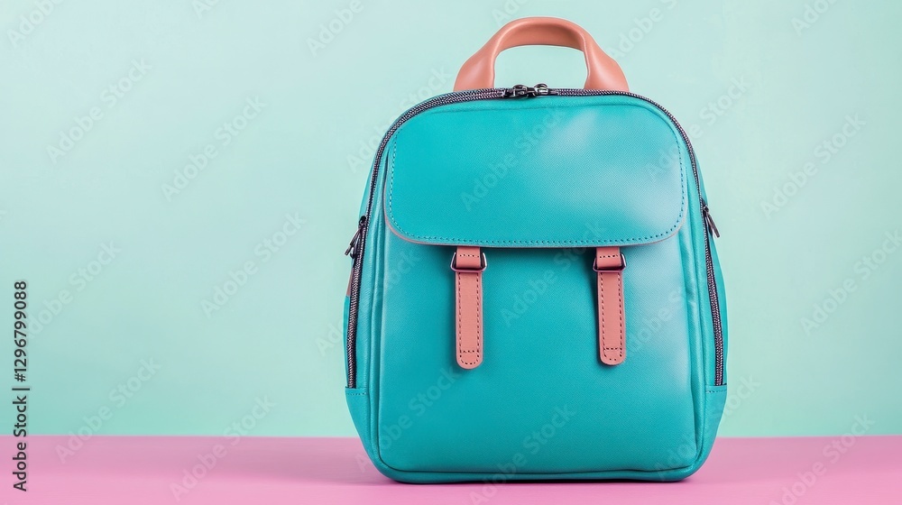 Fototapeta premium Stylish Teal Backpack on Pink and Green Background