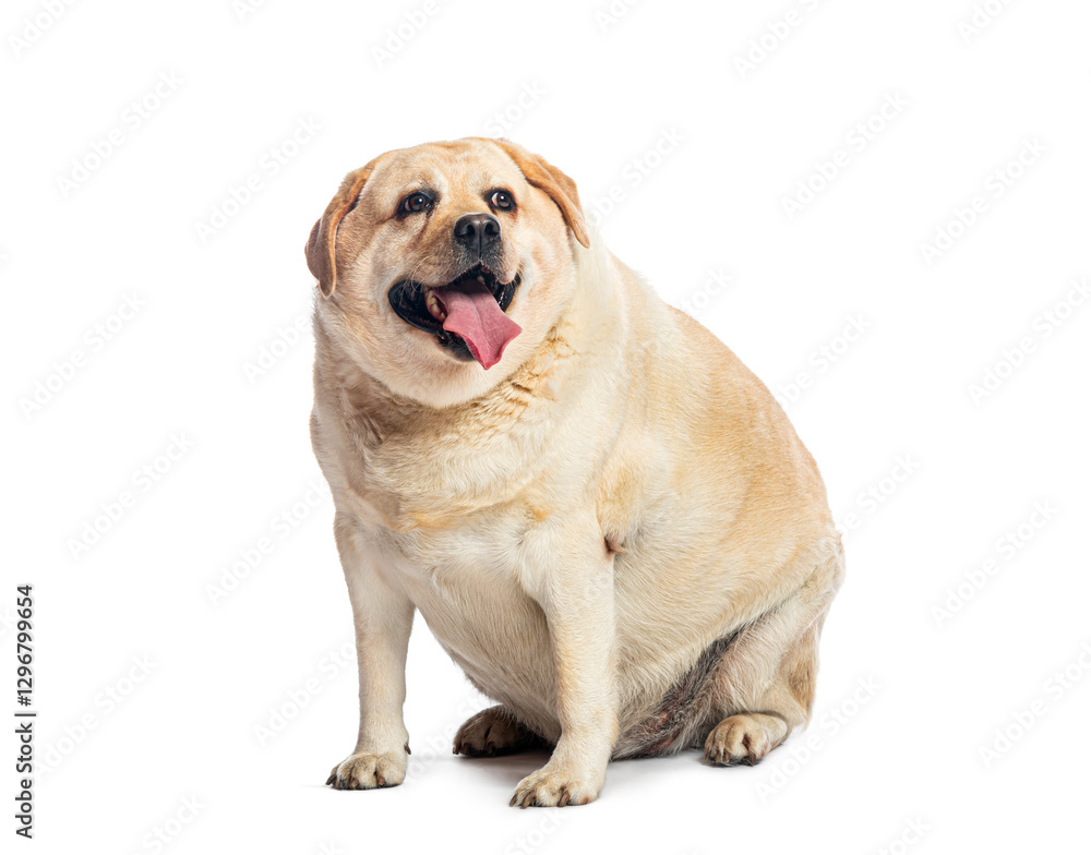 Overweight fat labrador retriever dog sitting and panting, isolated on white background Overweight fat labrador retriever dog sitting and panting, isolated on white background