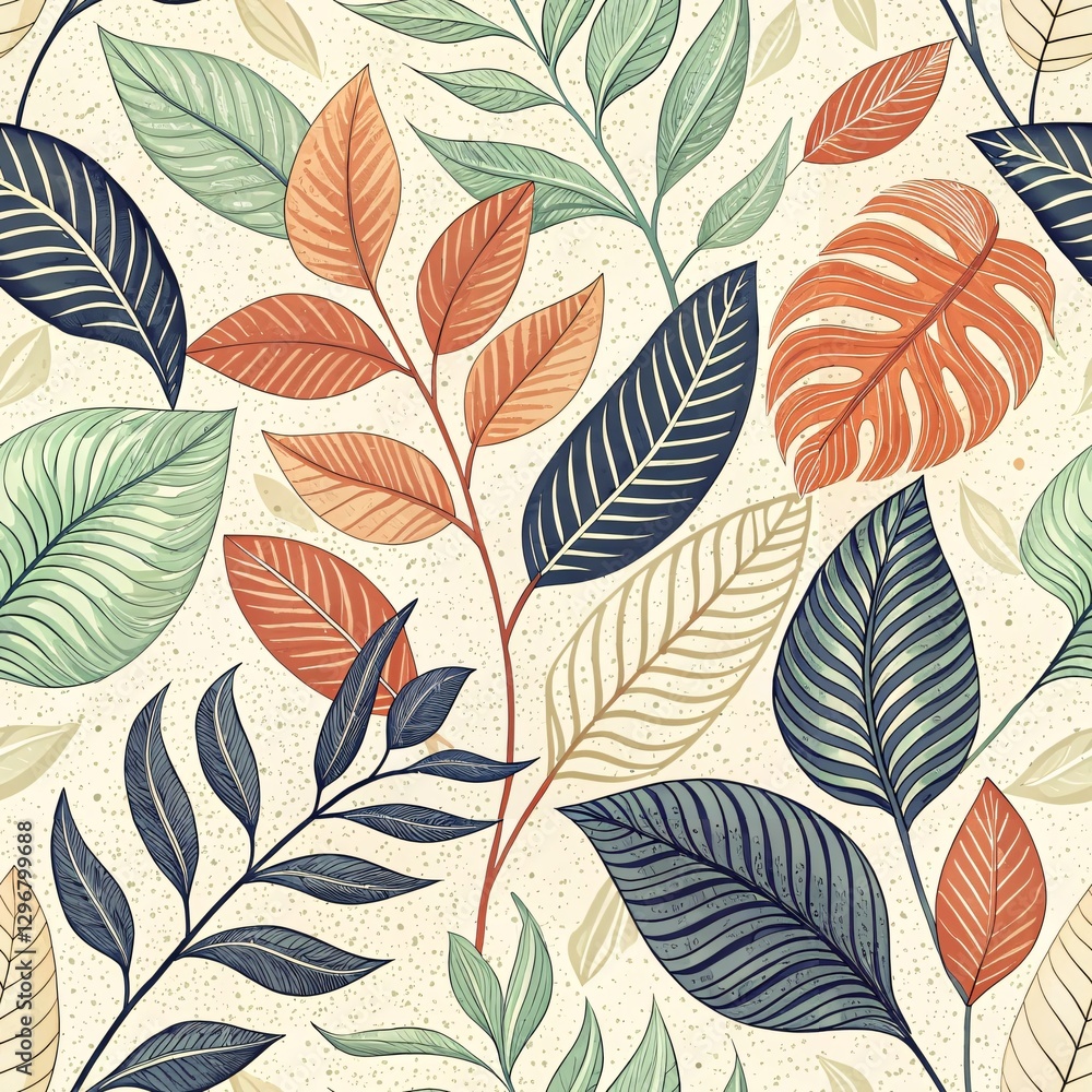 Fototapeta premium Tropical Leaves Seamless Pattern: Lush Botanical Foliage, Green & Beige Design, Natural Texture, Seamless Textile, Organic Pattern, Light Background