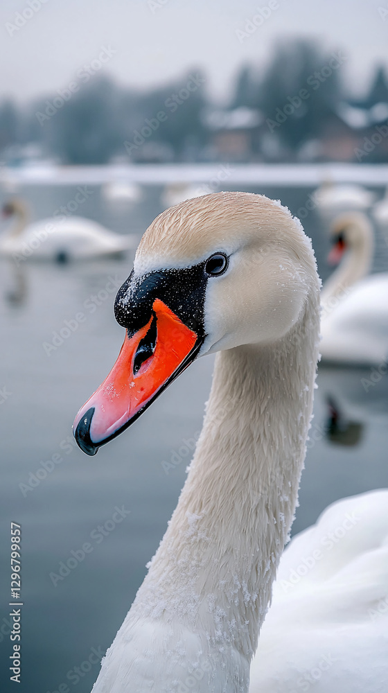 Obraz premium Close-up of a swan in a winter landscape, its elegant neck curved with snow lightly dusting its head, symbolizing beauty and tranquility in a peaceful, cold environment.