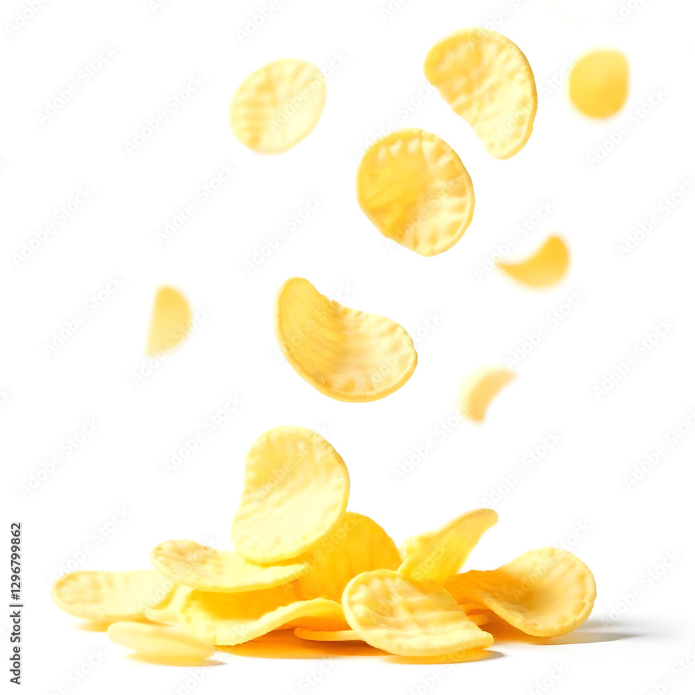 Falling potato chips with various shapes and textu Falling potato chips with various shapes and textu