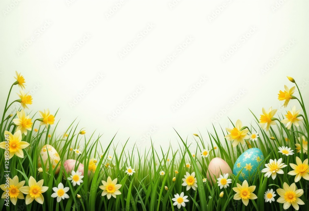 Fototapeta premium Vibrant Easter Scene Colorful Eggs Yellow Flowers Green Grass - Festive Spring Background Easter Promotions, Celebrations, Events