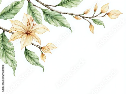 Delicate blooming flower on a lush green branch