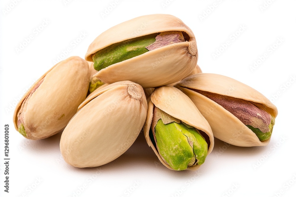 A pile of pistachios, some cracked open, with green kernels showing A pile of pistachios, some cracked open, with green kernels showing
