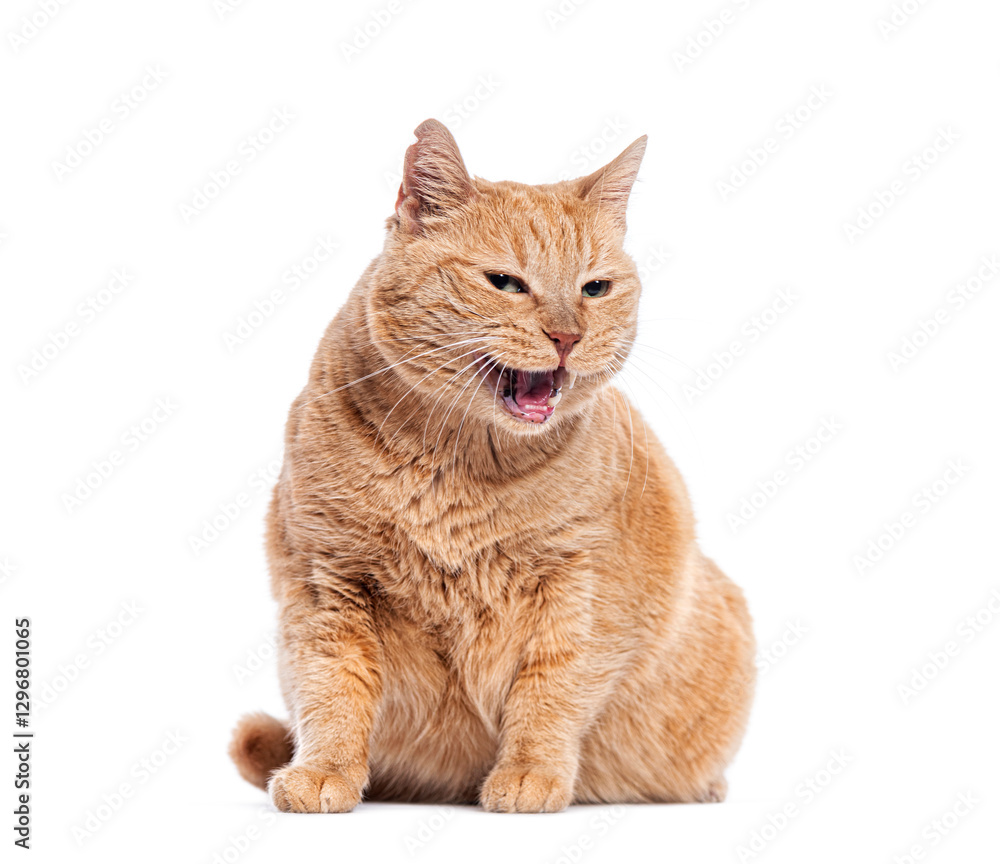 Obraz premium Old Ginger Crossbreed cat sitting and yawning, showing its teeth, isolated on white background