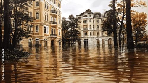 Vector Illustration of Urban Flooded Street with Historic European Buildings and Autumn Trees - Realistic Water Reflection and Environmental Impact