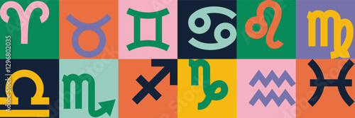 Color zodiac signs: aquarius, libra, leo, taurus, cancer, pisces, virgo, capricorn, sagittarius, aries, gemini, scorpio. Zodiacal vector horoscope