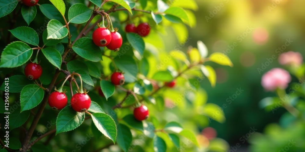 Vibrant Red Berries on Lush Green Foliage in a Sunny Garden Setting Vibrant Red Berries on Lush Green Foliage in a Sunny Garden Setting