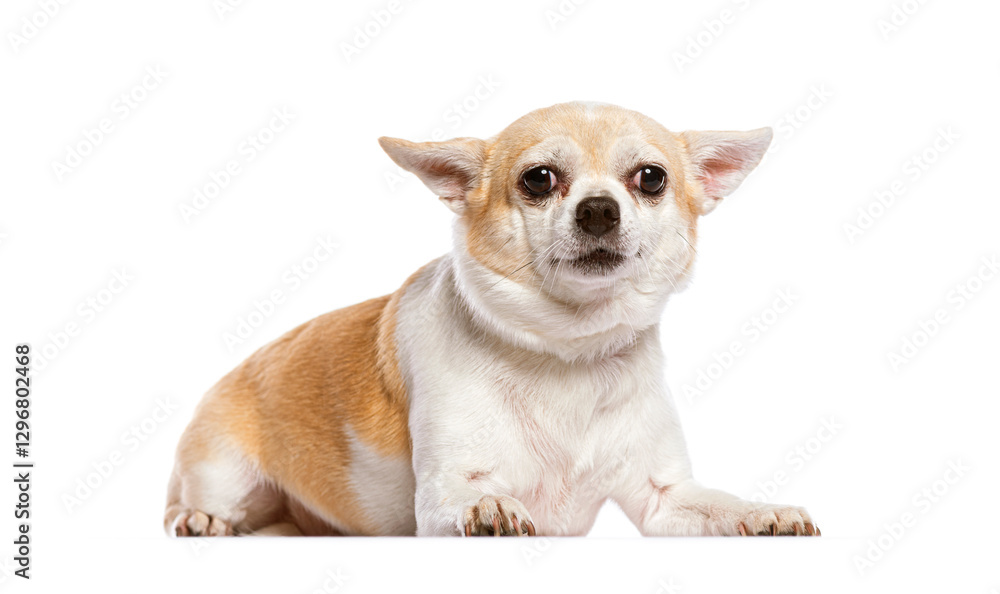 Cute chihuahua lying down and looking around on white background Cute chihuahua lying down and looking around on white background