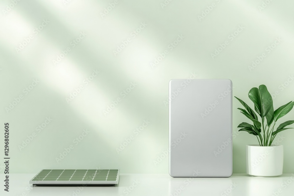 Obraz premium Minimalist workspace features soft green tones, modern laptop, a