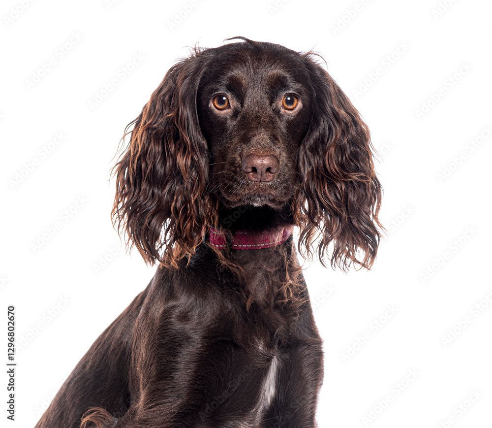 Working cocker spaniel dog looking at camera on white background Working cocker spaniel dog looking at camera on white background