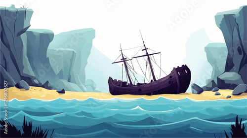 Vector Illustration of Abandoned Shipwreck on Rocky Coastline with Blue Ocean Waves, Cliffs, and Sandy Shoreline in Serene Natural Landscape Setting
