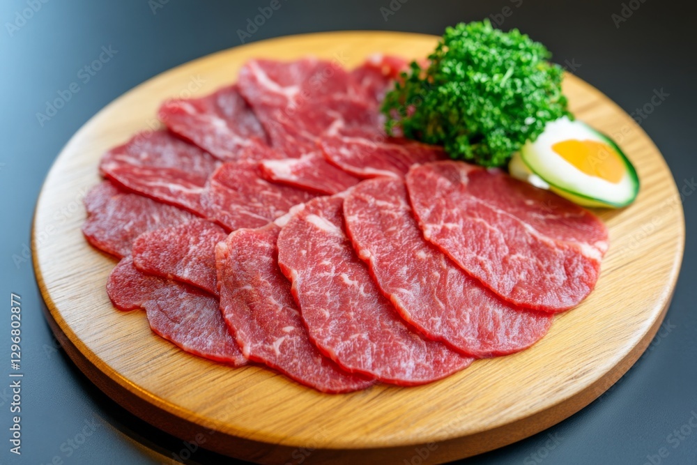 A gourmet platter of premium Kobe beef slices arranged on a wooden board A gourmet platter of premium Kobe beef slices arranged on a wooden board