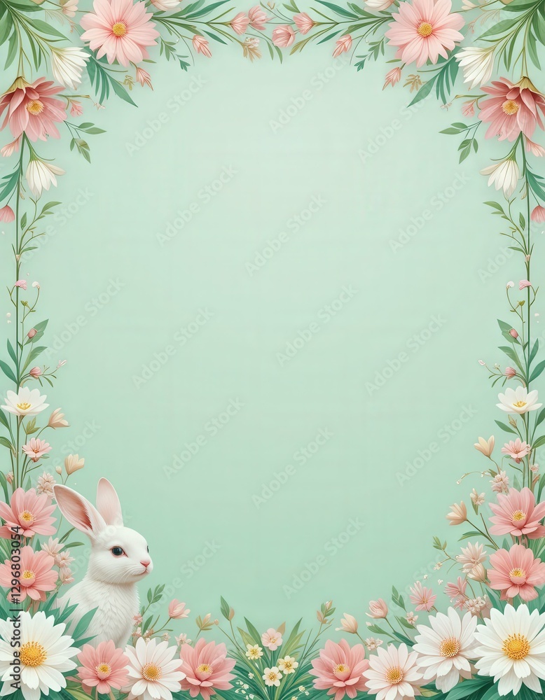 Fototapeta premium Whimsical Digital Illustration Cute White Rabbit Surrounded Daisies Floral Border Soft Pastel Green Background - Easter Marketing Spring Celebrations