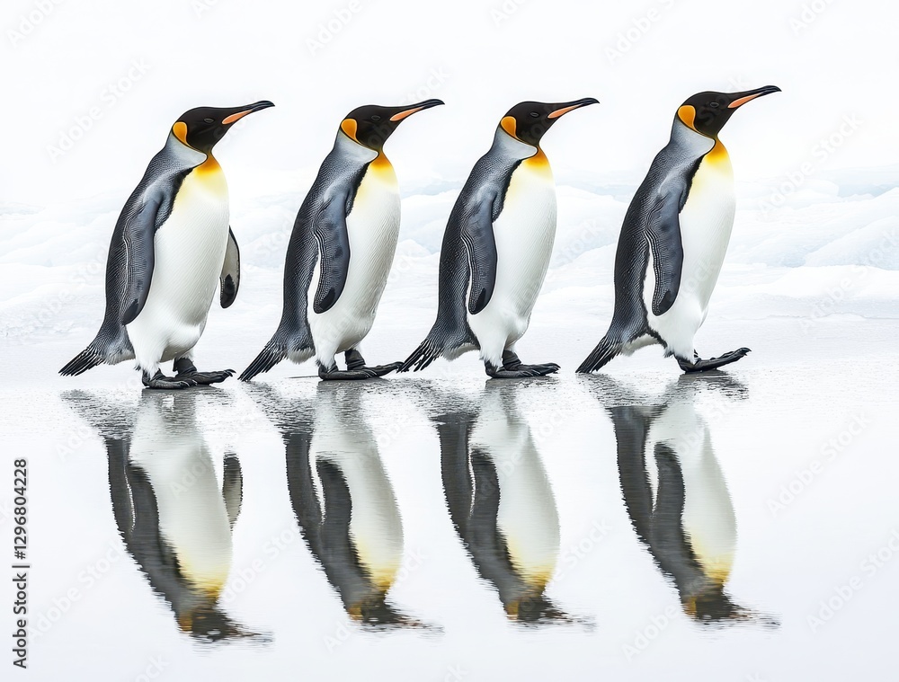 Obraz premium Group of Four Emperor Penguins Walking Together on Ice with Reflections in Calm Water Under Soft Light in a Polar Environment