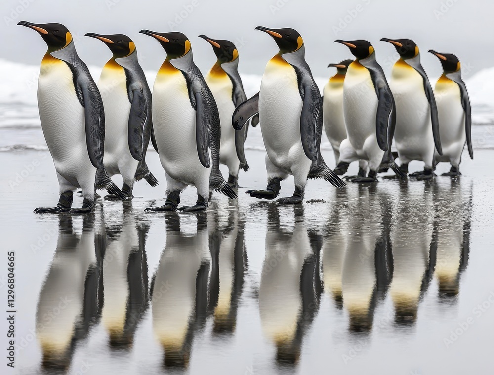 Obraz premium Group of King Penguins Walking Together Along a Coastal Shoreline with Reflections on Wet Sand in a Serene Antarctic Environment